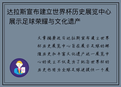 达拉斯宣布建立世界杯历史展览中心 展示足球荣耀与文化遗产