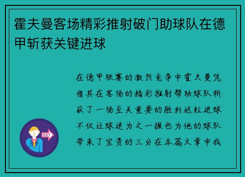 霍夫曼客场精彩推射破门助球队在德甲斩获关键进球
