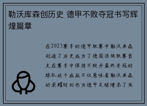 勒沃库森创历史 德甲不败夺冠书写辉煌篇章